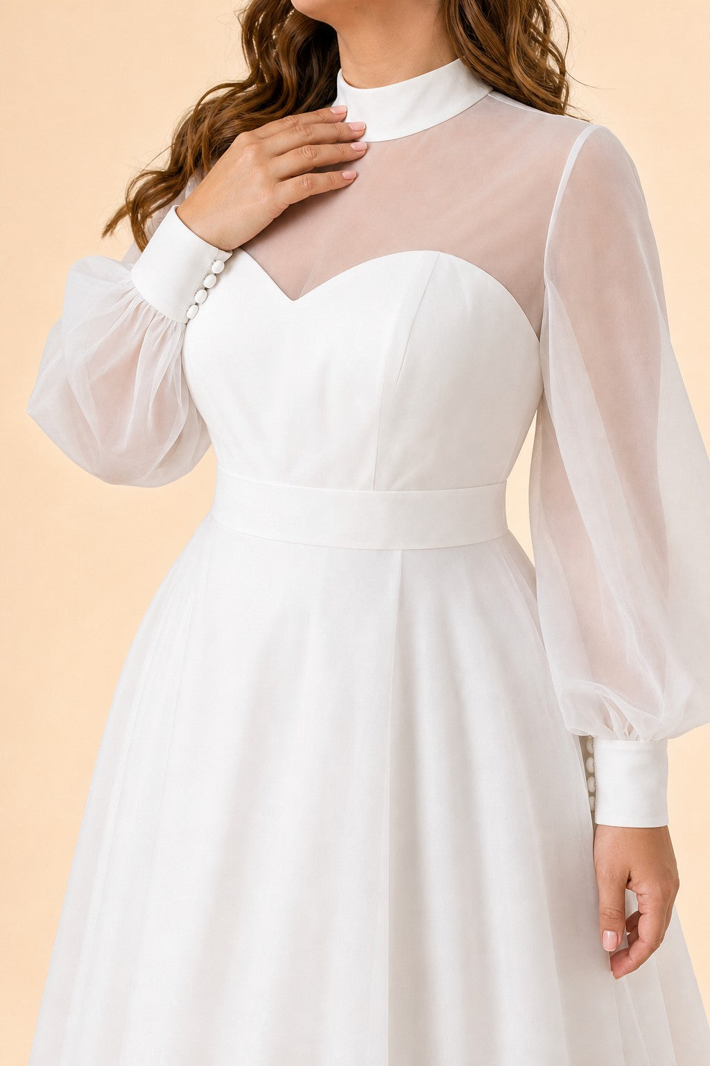 Minimalist Plus Size Wedding Gown with Sheer Long Sleeves