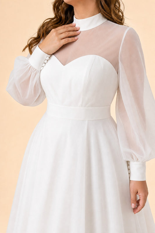 Minimalist Plus Size Wedding Gown with Sheer Long Sleeves