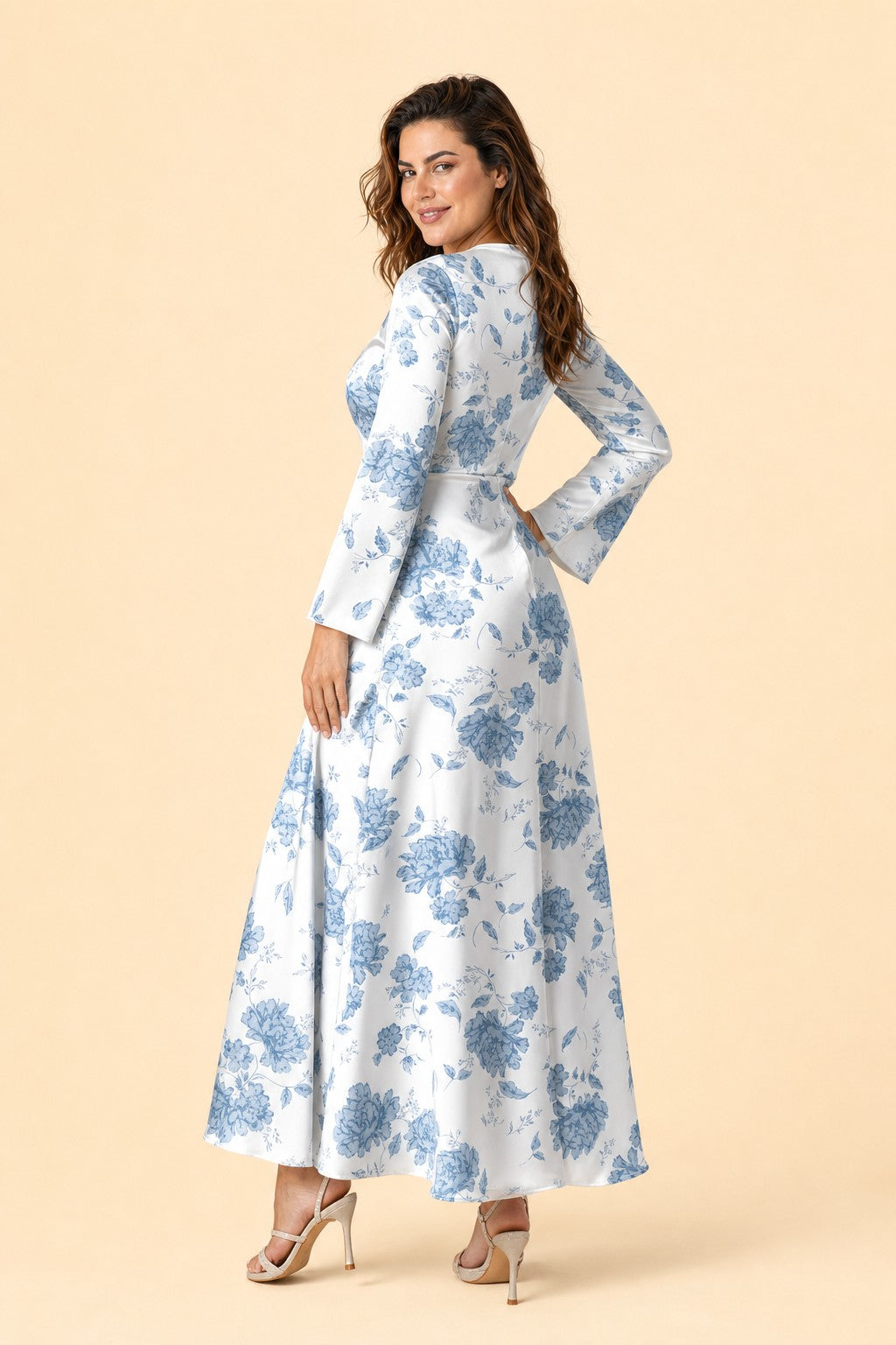 Floral Satin Charmeuse Plus Size Bridesmaid Dress with Elegant Peony Print Bridesmaid Gown Style