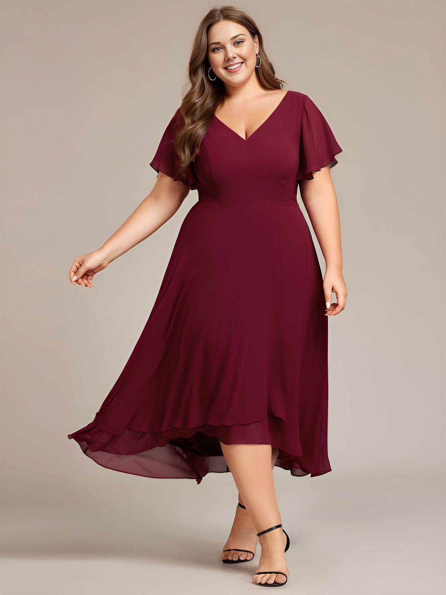 Plus Size Flowing Chiffon V-Neck Ruffle Sleeves Wedding Guest Dress