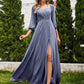 Plus Size High-Slit Waist Pleated Bridesmaid Dress with Long Sleeves