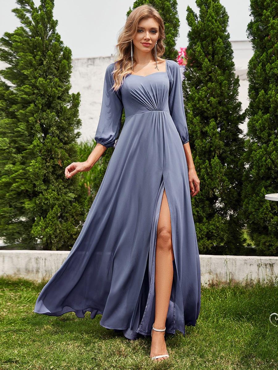 Plus Size High-Slit Waist Pleated Bridesmaid Dress with Long Sleeves