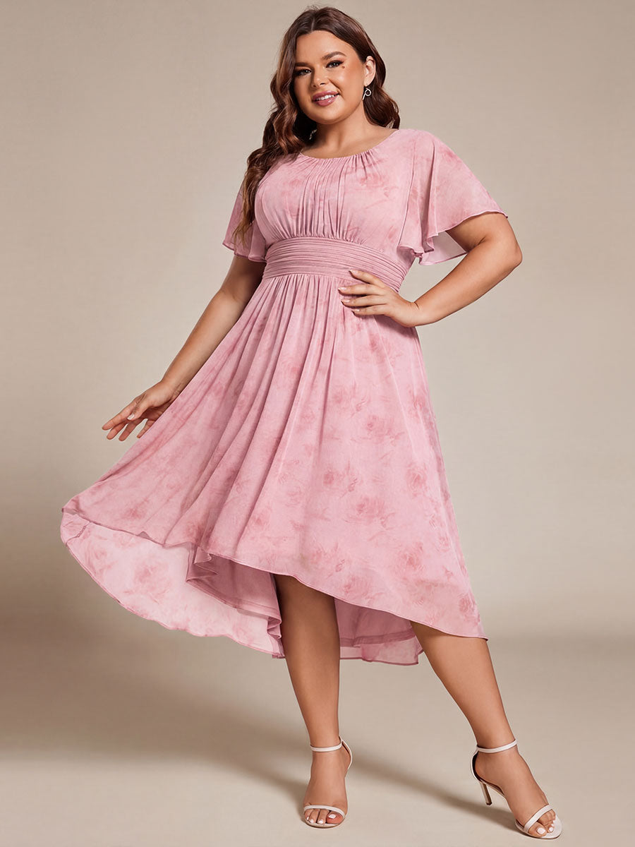Plus Size Pleated Round Neckline A-Line Midi Chiffon Wedding Guest Dress