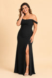 Plus Size Off Shoulder Chiffon Bridesmaid Dress with Pleated Details and Elegant Leg Slit