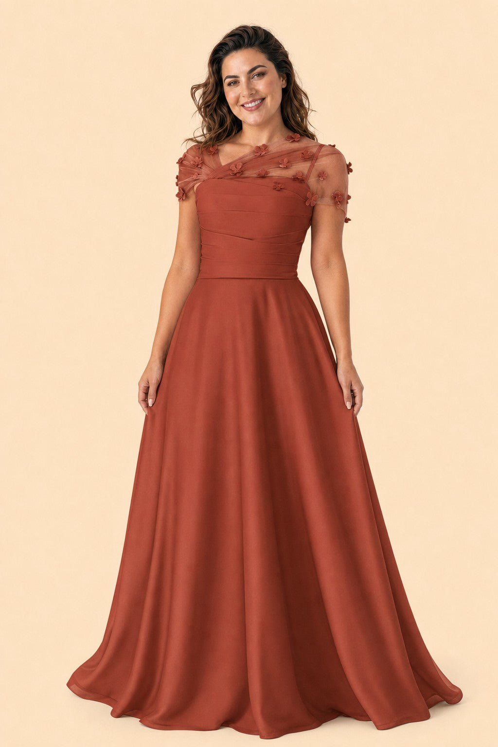 Plus Size Backless A-Line Formal Gown with Floral Appliqué and Satin Skirt
