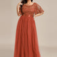 Plus Size Women's Embroidery Evening Dresses with Short Sleeve