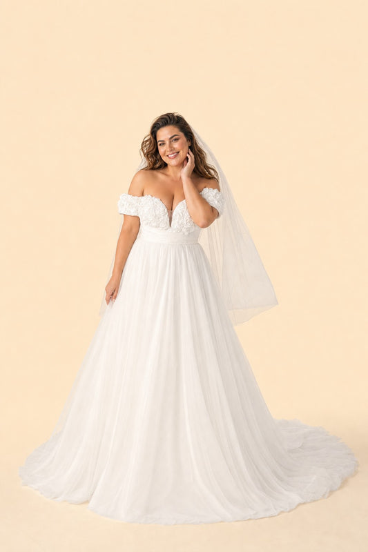 Elegant Plus Size Off-Shoulder Wedding Dress with 3D Floral Appliques and Flowing Tulle Skirt