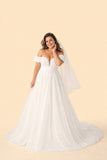 Elegant Plus Size Off-Shoulder Wedding Dress with 3D Floral Appliques and Flowing Tulle Skirt
