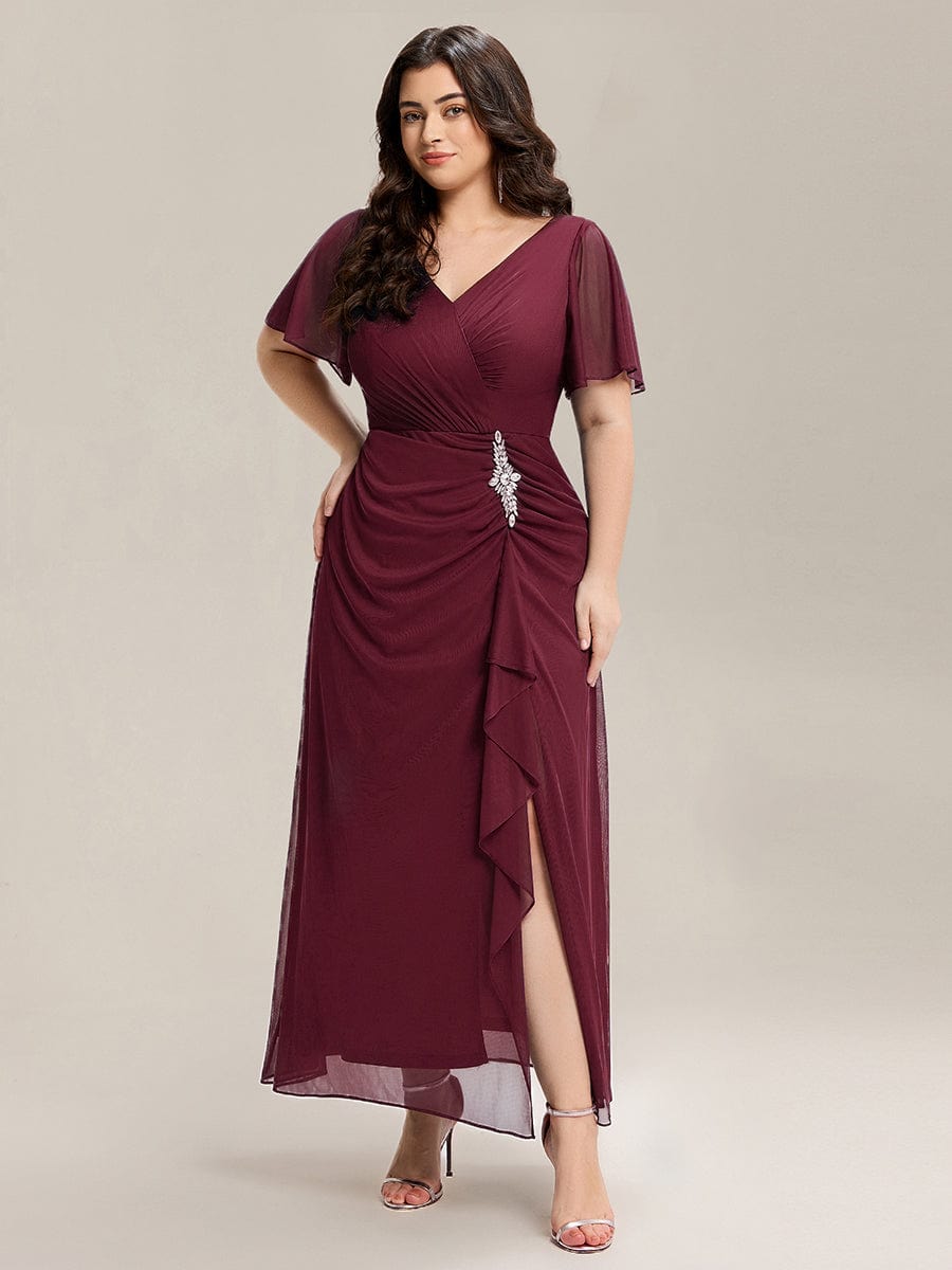 Plus Size Rhinestone Embellished Chiffon Ruffle Sleeve Dress