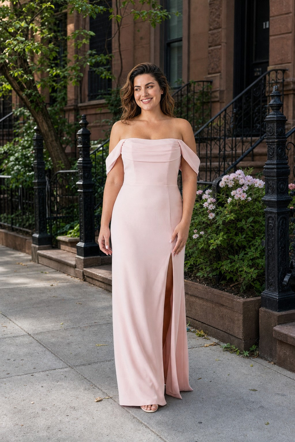 Plus Size Off Shoulder Chiffon Bridesmaid Dress with Pleated Details and Elegant Leg Slit