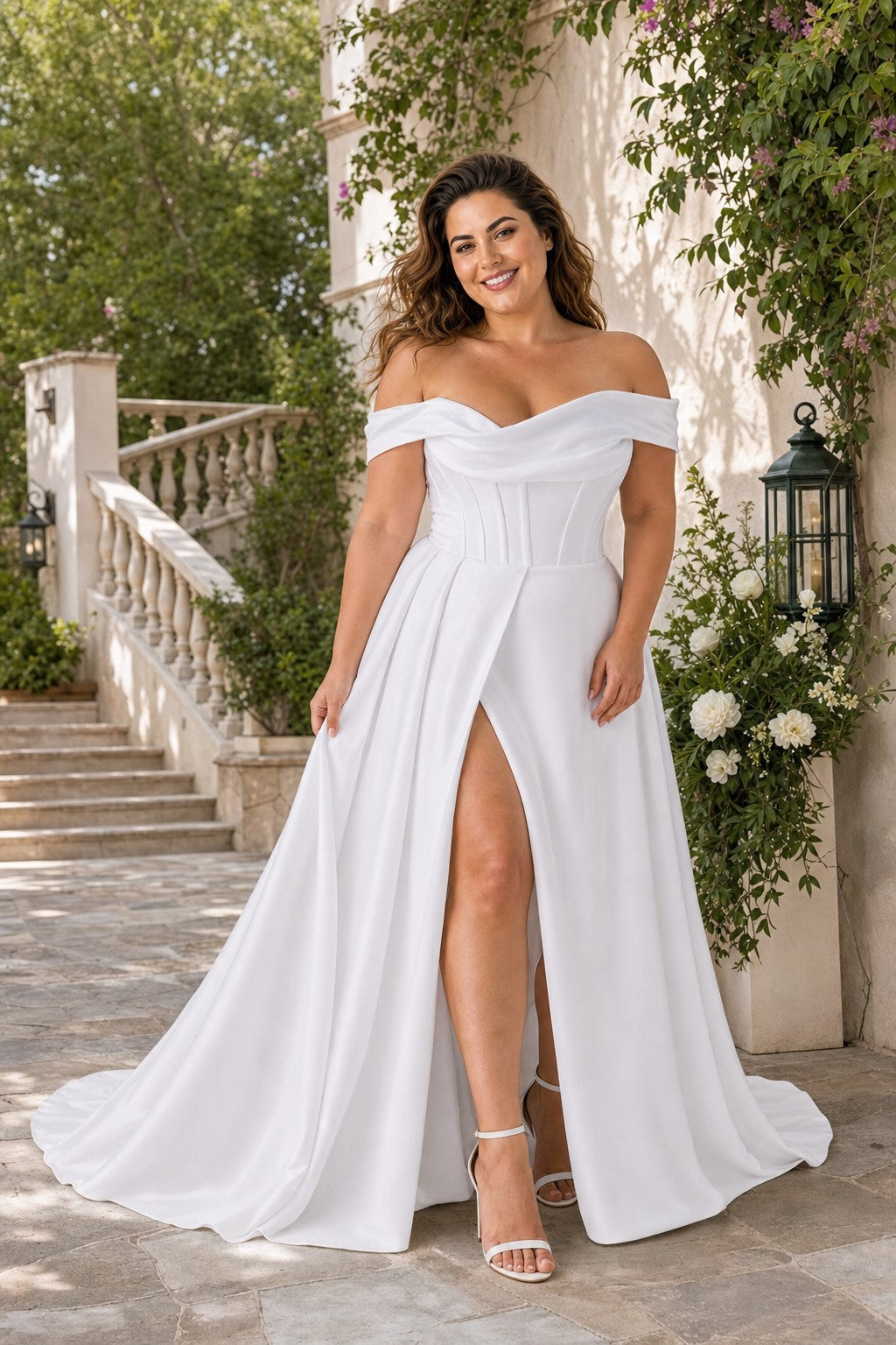 Plus Size Off-Shoulder Wedding Dress with Ruched Bodice and A-Line Skirt