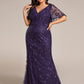 Fashion Plus Size V Neck Mermaid Sequin & Tulle Evening Dress