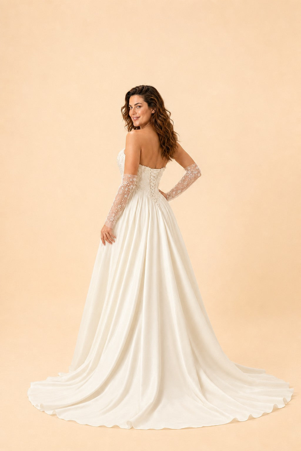 Strapless A-Line Wedding Dress with Basque Waist Beading Slit Open Back for Plus Size Brides