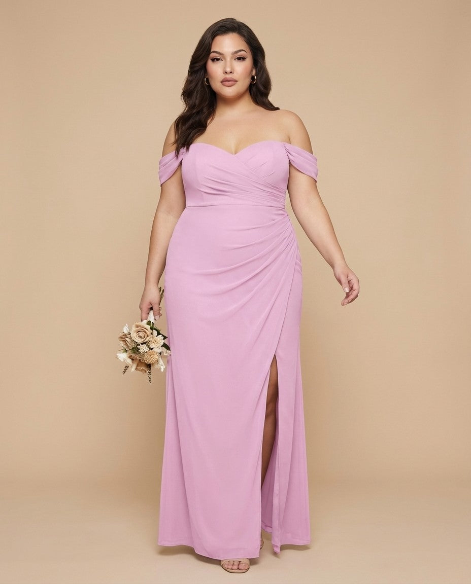 Elanthia Plus Size Off The Shoulder Mesh Bridesmaid Dress With Leg Slit For Wedding Party -N0346