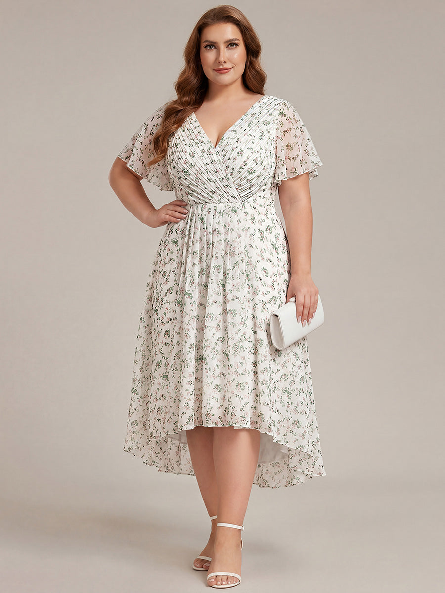 Plus Size Double V-Neck Ruffles Sleeve Chiffon Midi Wedding Guest Dress