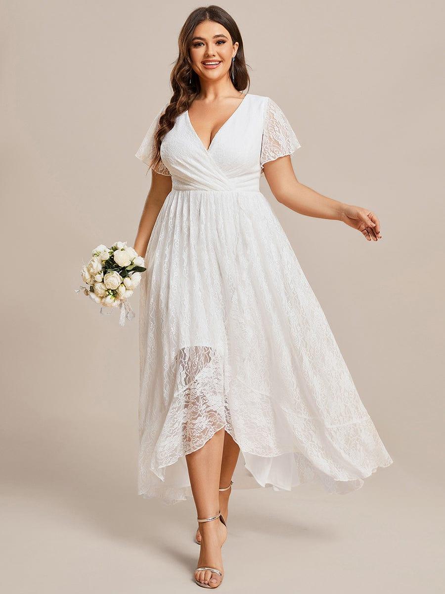 Plus Size Short Sleeve Ruffled V-Neck A-Line Lace Wedding Guest Dress