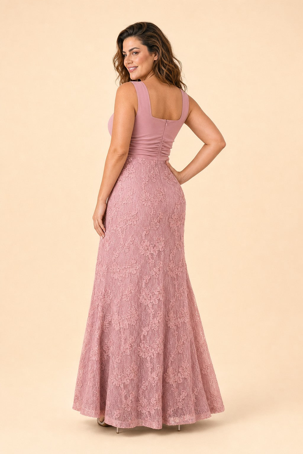 Plus Size Evening Gown with Ruched Lace Bodice and 3D Floral Detail
