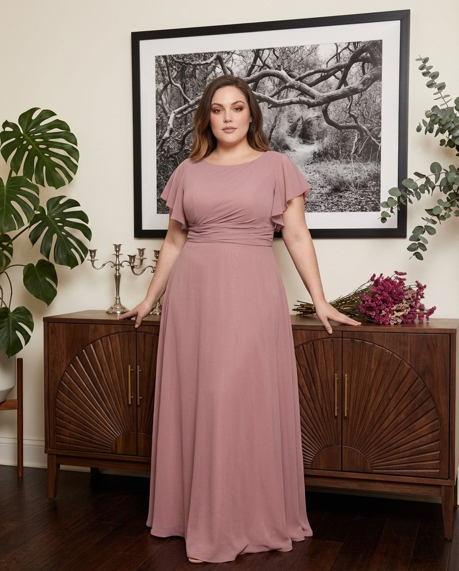 Avenleigh Plus Size Half Sleeve Pleated Chiffon A-Line Bridesmaid Dress for Wedding Party - N0338