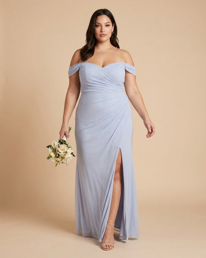 Elanthia Plus Size Romantic Sheath Bridesmaid Dress with Off Shoulder for Wedding -N0347