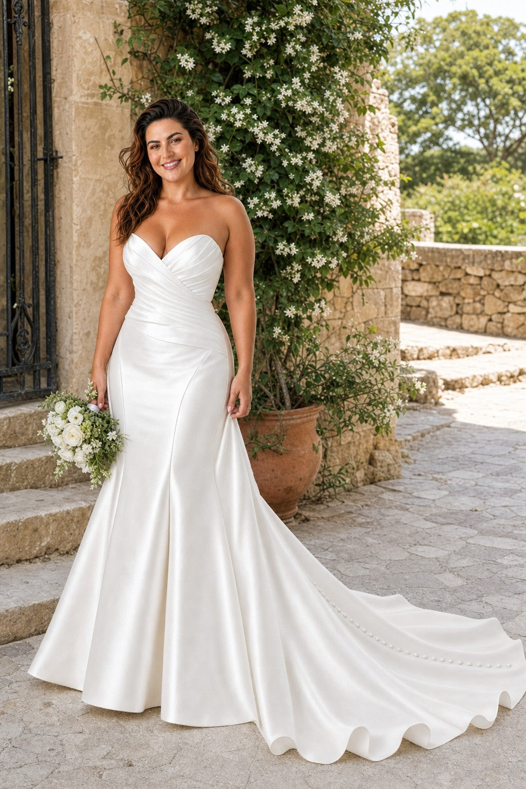 Plus Size Timeless Strapless Bridal Dress with Pleated Waist and Flowing Train