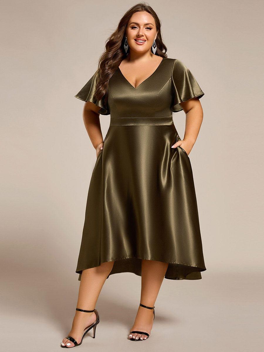 Plus Size Satin Midi Wedding Guest Dress with Pockets