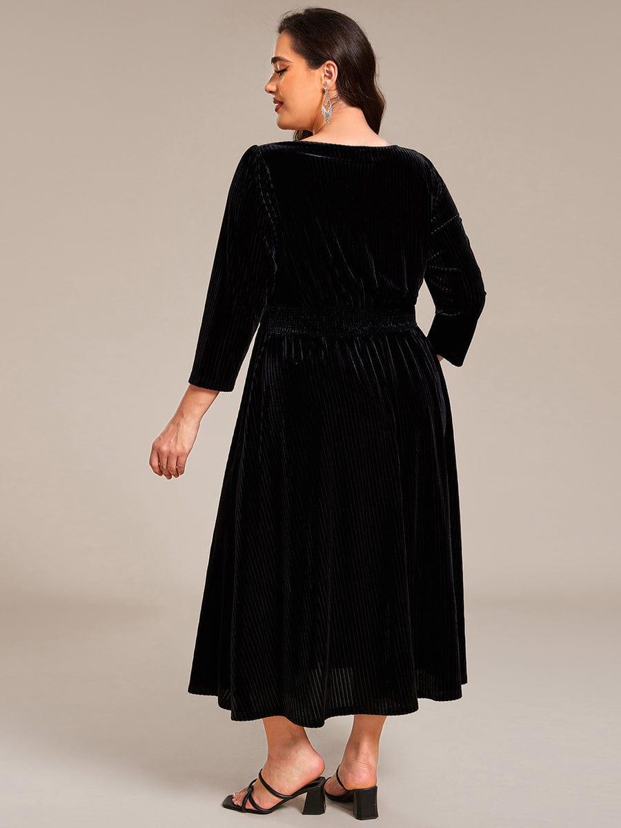 Plus Size Elegant Pleated Velvet Stretchy Tea Length Wedding Guest Dress