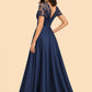 Plus Size Backless A-Line Formal Gown with Floral Appliqué and Satin Skirt
