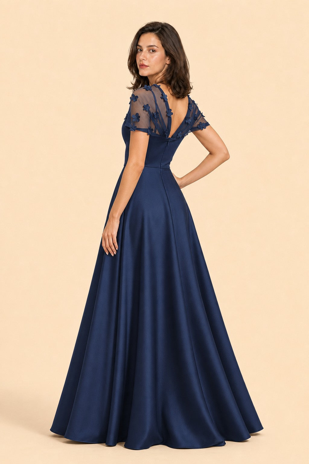 Plus Size Backless A-Line Formal Gown with Floral Appliqué and Satin Skirt