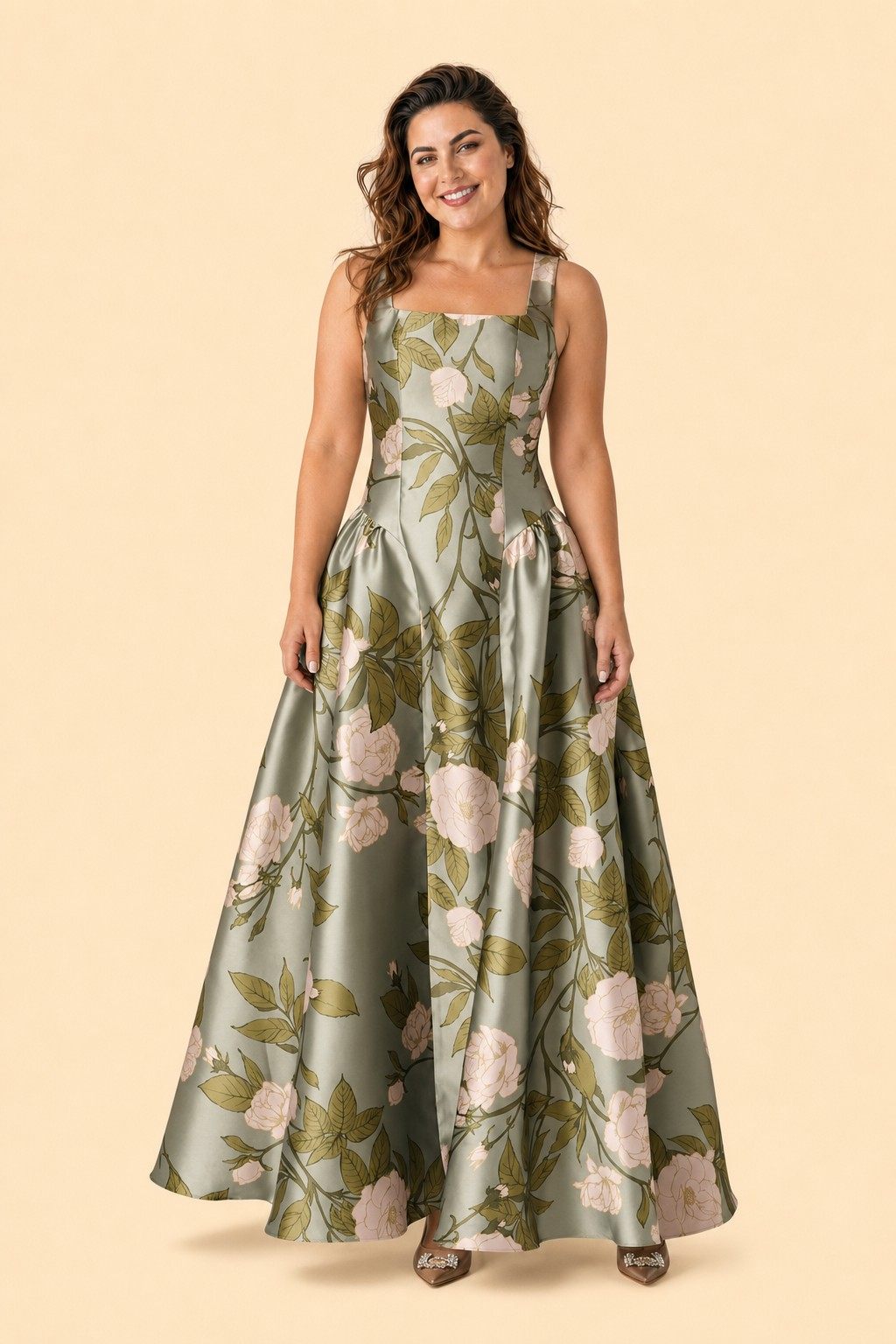 Elegant Floral Bridesmaid Ballgown Square Neck A-Line Dress