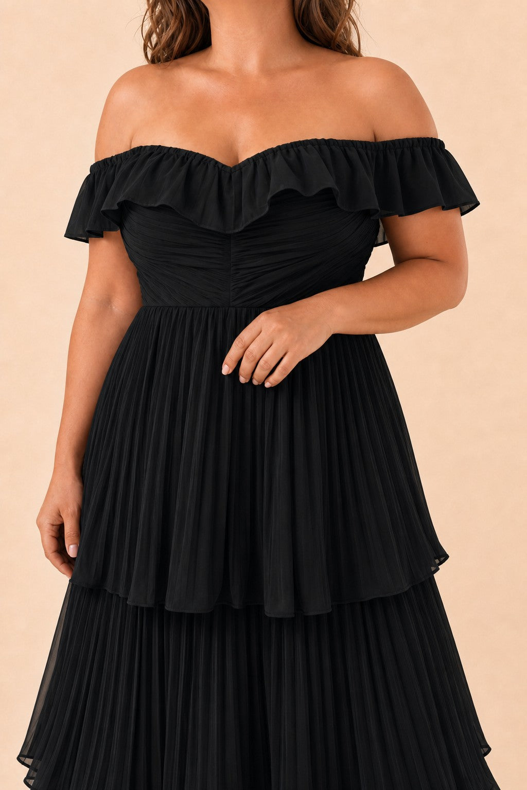 Elegant A Line Maxi Bridesmaid Dress Pleated Tiered Off Shoulder Design