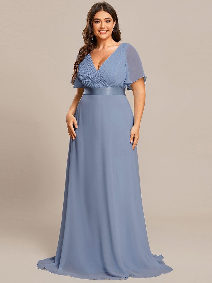 Plus Size Empire Waist V Back Bridesmaid Dress with Short Sleeves
