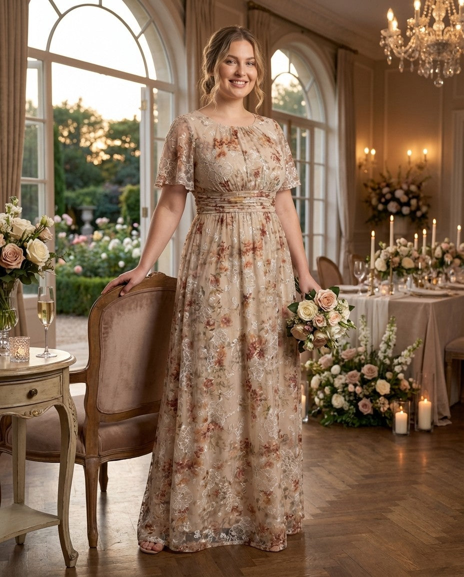 Petaline Plus Size Chiffon A-Line Bridesmaid Gown with Short Flutter Sleeves N0326