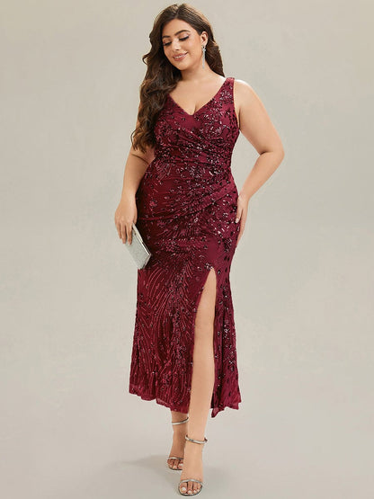 Plus Size Knotted Sequin Formal Evening Dress