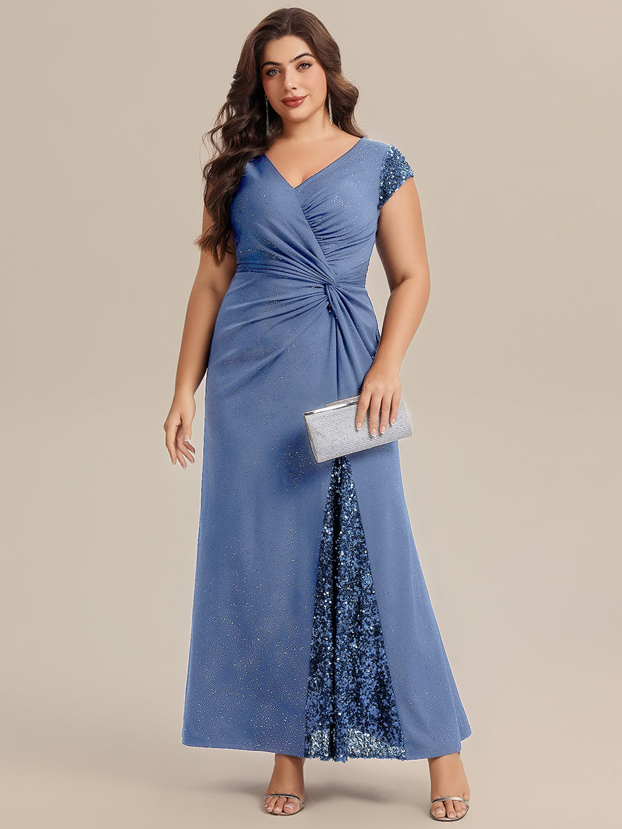 Plus Size Knotted Knit Cap Sleeve Maxi Glitter Evening Dress