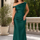 Floor Length Stretch Satin Bridesmaid Gown with Asymmetrical Neckline