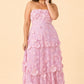Romantic Lace Up Back Bridesmaid Gown Featuring 3D Floral Appliqué Tiered Flowy Skirt