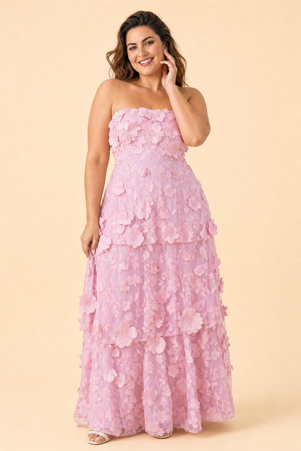 Romantic Lace Up Back Bridesmaid Gown Featuring 3D Floral Appliqué Tiered Flowy Skirt