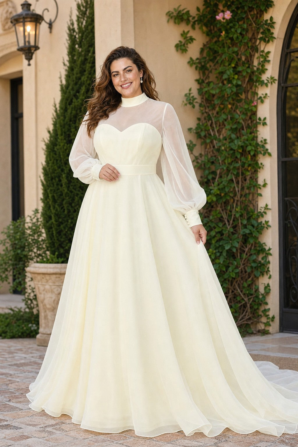 Minimalist Plus Size Wedding Gown with Sheer Long Sleeves
