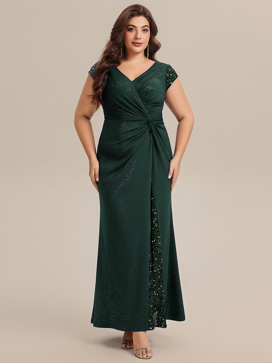 Plus Size Knotted Knit Cap Sleeve Maxi Glitter Evening Dress