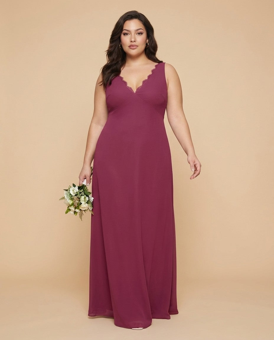 Silvarelle Plus Size Timeless Lace Sheath Floor Length Chiffon Bridesmaid Dress -N0366