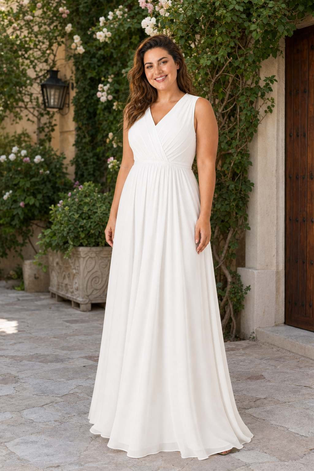 Elegant Plus Size Bridesmaid Dress with Lace Panel Back and Soft Pleats