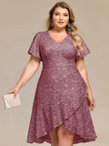 Plus Size Sequin Ruffle Sleeve Formal Dress