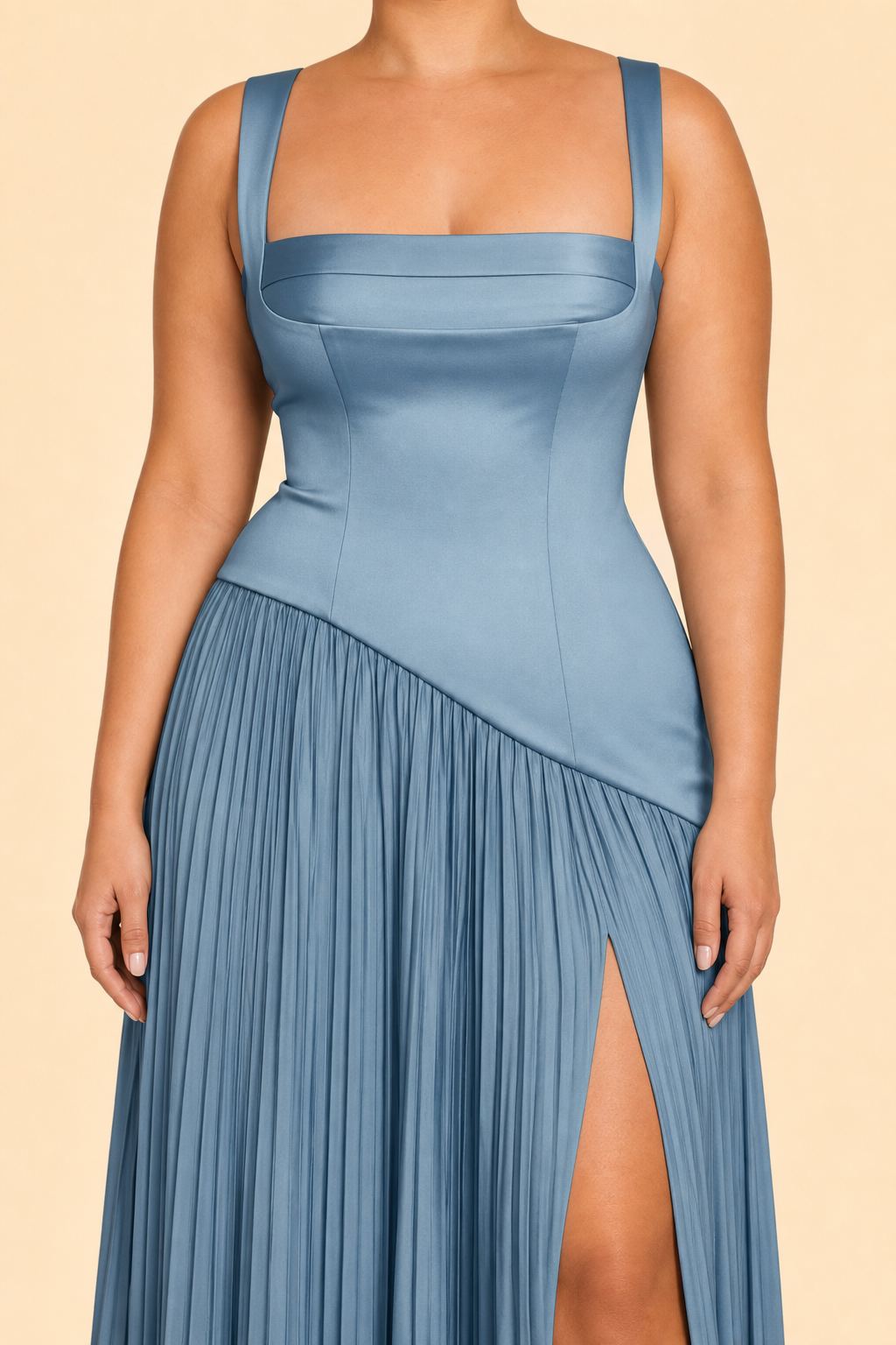 Plus Size Bridesmaid Dress with Pleated Satin and Lace Up Open Back