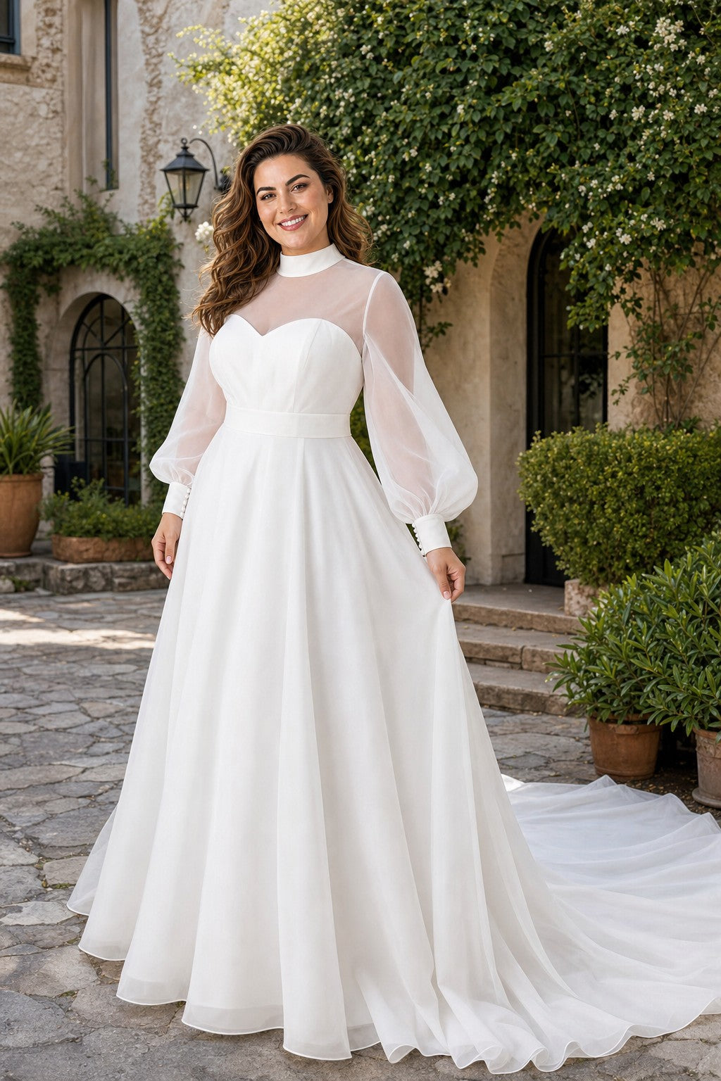 Minimalist Plus Size Wedding Gown with Sheer Long Sleeves
