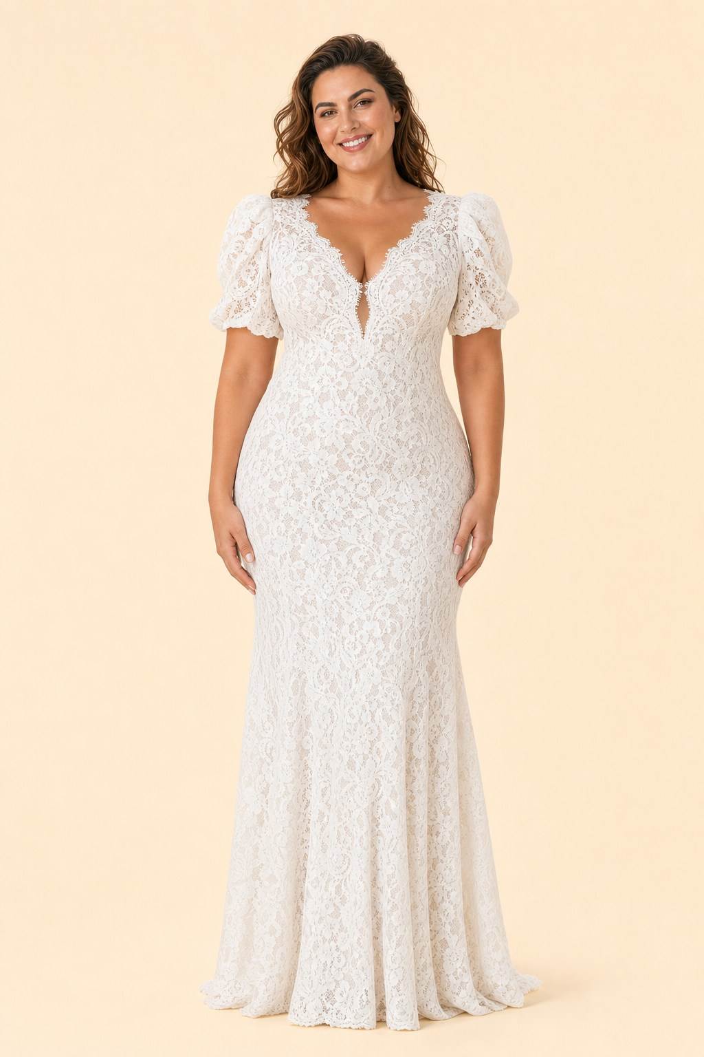 Plus Size Wedding Dress with Lace V Neck and Convertible Puff Sleeves