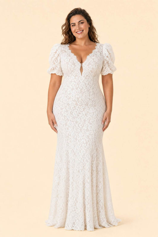 Plus Size Wedding Dress with Lace V Neck and Convertible Puff Sleeves