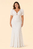 Plus Size Wedding Dress with Lace V Neck and Convertible Puff Sleeves