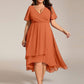 Plus Size Chiffon Short Sleeves Pleated V-Neck A-Line Midi Wedding Guest Dress