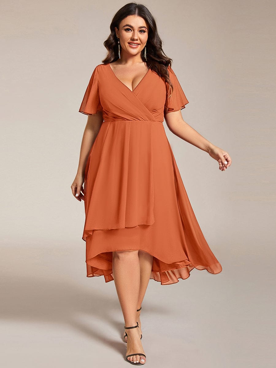 Plus Size Chiffon Short Sleeves Pleated V-Neck A-Line Midi Wedding Guest Dress