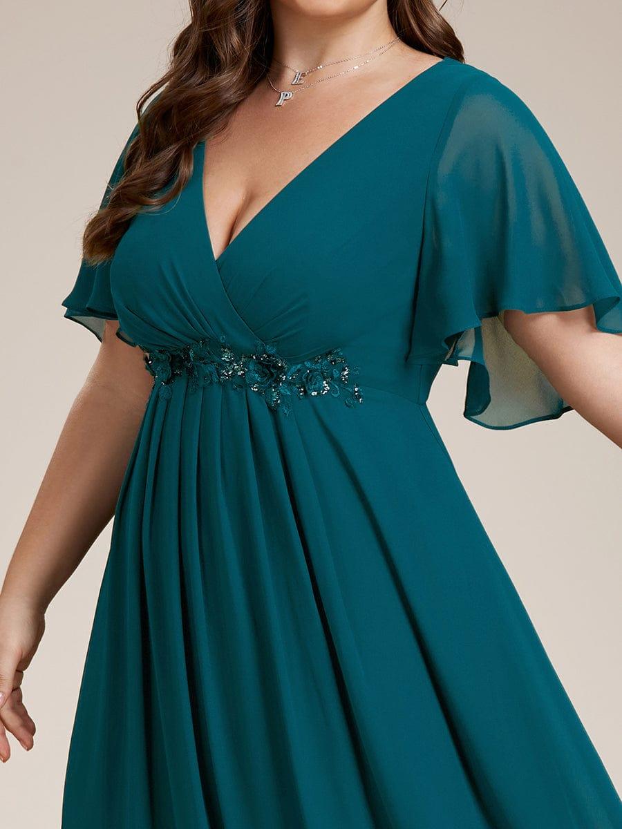 Plus Size Floral Applique Short Sleeve A-Line Chiffon Formal Evening Dress